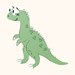 Fototapeta premium A cartoon dinosaur with a green body and triangular spikes. It has a friendly expression and stands upright, showcasing its small arms and large feet. Vector illustration