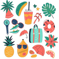Colorful summer vacation collection with fruits, drinks, plants, and accessories