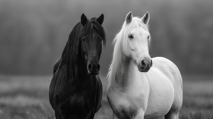 Two majestic horses, one black and one white, stand side by side in a serene setting.