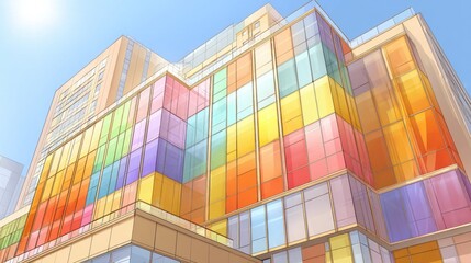 Colorful modern building facade, low angle shot.  Brightly colored glass panels create a vibrant pattern.  Cityscape background, sunny day
