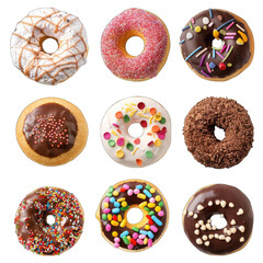 Nine glazed donuts in various flavors