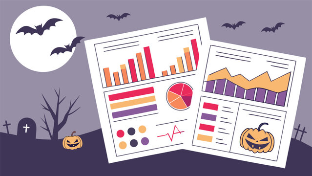 Halloween themed data analysis reports with bar graphs pie charts and line graphs under a full moon sky
