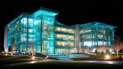 Modern glass building at night, teal accents