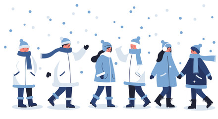 Cozy winter stroll: group of friends walking in falling snow