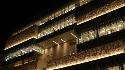 Illuminated modern building facade at night.  Exterior of a multi-story structure with lit windows and stone-like panels