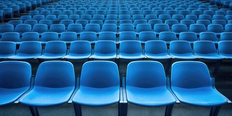 Fototapeta premium A photograph of blue plastic seats in the stands at an outdoor stadium, empty without people.