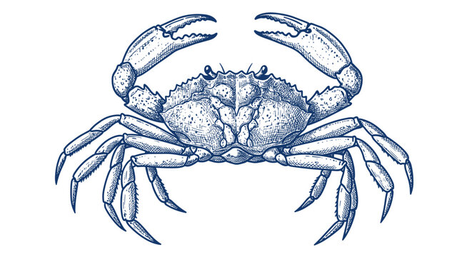 Detailed blue crab drawing with intricate line art on white background
