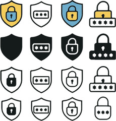 digital security icon set with shield lock and password field in flat and outline styles
