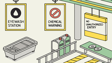Vector Illustration of a Laboratory Safety Signage System Featuring Chemical Warning Eyewash Station No Unauthorized Entry and Hazard Indicators in a Modern Facility Setting