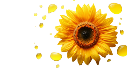 A bright sunflower with dewdrop petals, created with AI, PNG