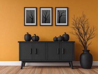 halloween gothic home decor concept. Modern decor featuring black pumpkins and art on an orange wall.