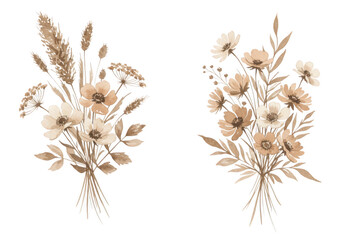Two elegant watercolor bouquets featuring wildflowers and grasses in a muted earthy color palette on white isolated on transparent background