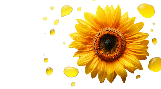 A bright sunflower with dewdrop petals, created with AI, PNG