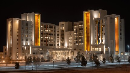 Modern hospital at night, lit with warm, golden accents, stands on a snow-covered expanse