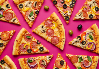 Pizza slices arranged on a pink background