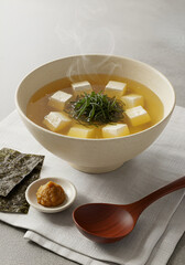 Creamy soup with tofu and seaweed