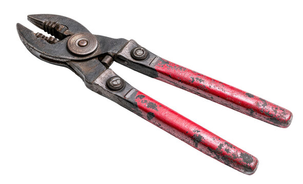 Close up of weathered bolt cutters with red handles on transparent background