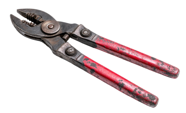 Close up of weathered bolt cutters with red handles on transparent background