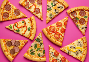 Pizza slices arranged on a pink background (1)