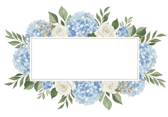 Watercolor floral frame with blue hydrangeas and white roses ideal for invitations and announcements isolated on transparent background