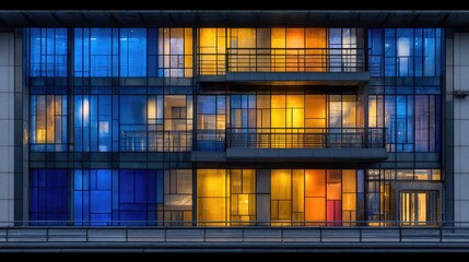 Modern apartment building facade at night, showcasing colorful illuminated windows and balconies