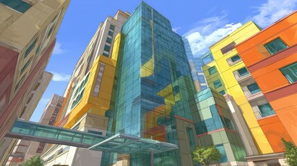 Low-angle view of a vibrant city block with colorful, modern buildings.  A pedestrian bridge spans the street below, connecting adjacent structures.  Bright, sunny day with partly cloudy sky