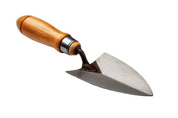 Close-up of a small trowel.  Wooden handle, metal blade.  Dark background