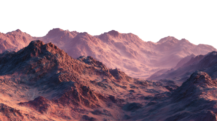 Dramatic mountain range with rugged peaks and valleys bathed in warm light isolated on transparent background