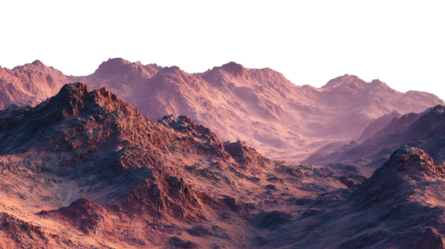 Dramatic mountain range with rugged peaks and valleys bathed in warm light isolated on transparent background