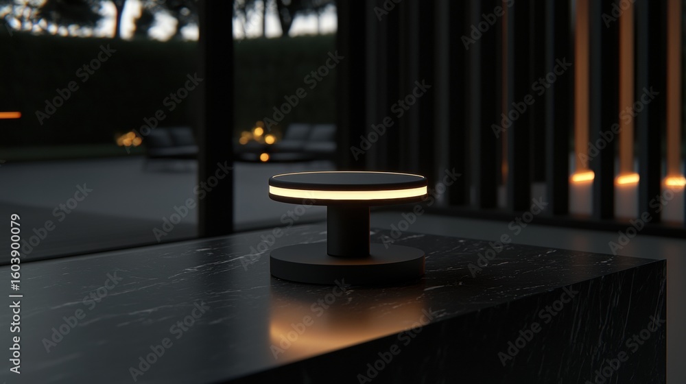 Poster A modern black table lamp with a circular base and a ring of lights around the middle.