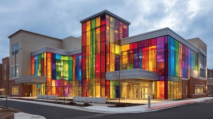 Colorful modern building with vibrant stained glass facade