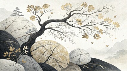 Stylized zen landscape with a gnarled tree and textured rocks