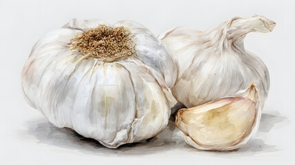An artistic rendering of two whole garlic bulbs and a single clove, depicted with soft, watercolor-like textures on a light background.