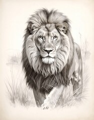 An artistic illustration of a majestic male lion with a full mane, walking gracefully through dry grass.