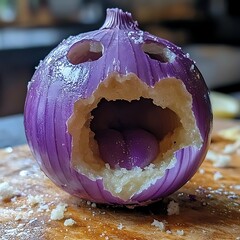 Creative photo of a carved red onion with a surprised or shocked facial expression close up