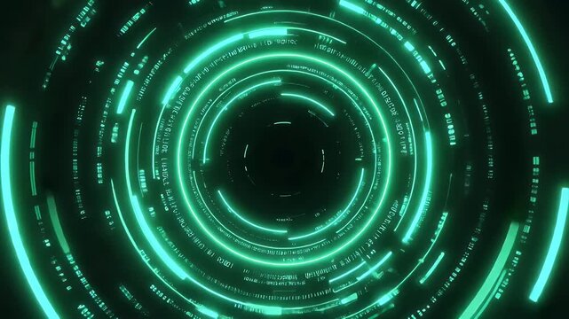 A luminous vortex of concentric turquoise neon rings with textual fragments, emanating from a dark center