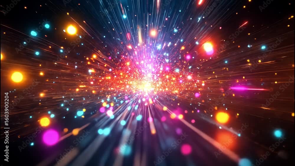 Aufkleber exploding light particles burst in dynamic motion across dark cosmic background.