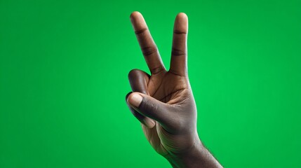 Isolated on a green screen, a hand is displayed making the peace sign with two fingers pointed up and the palm facing the viewer,
