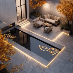 Modern courtyard with pool, autumnal leaves, and ambient lighting