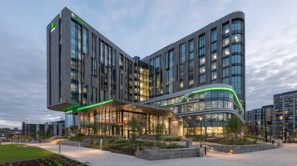 Modern, sleek office building at twilight.  Exterior view showcases a contemporary design with curves, glass panels, and accents of green.  Landscaped grounds surround the structure