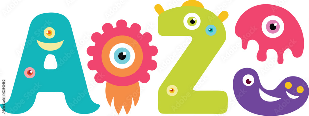 Aufkleber vector art of alphabet monsters a and z with other whimsical characters in a vibrant and playful des