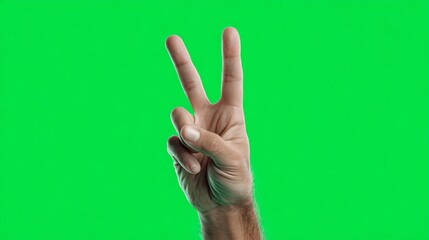 A hand forms a peace sign with two fingers raised in a V shape, the palm facing the viewer against a bright green chroma key