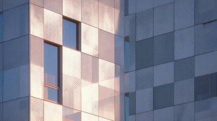 Modern building facade, light reflecting on squared panels