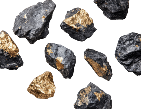 Dark grey rocks with gold accents scattered on black background