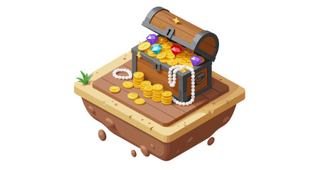 Treasure chest with gold coins and jewels in isometric design on float