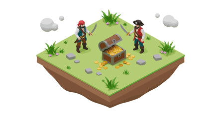 Isometric pirate duel on floating island with treasure chest and gold