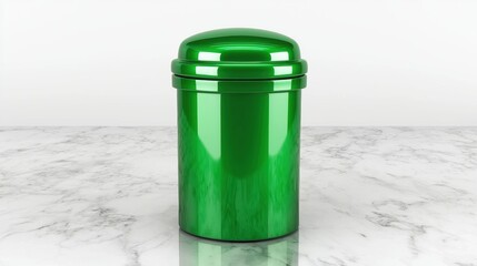 A shiny green cylindrical container with a lid sits on a marble countertop.