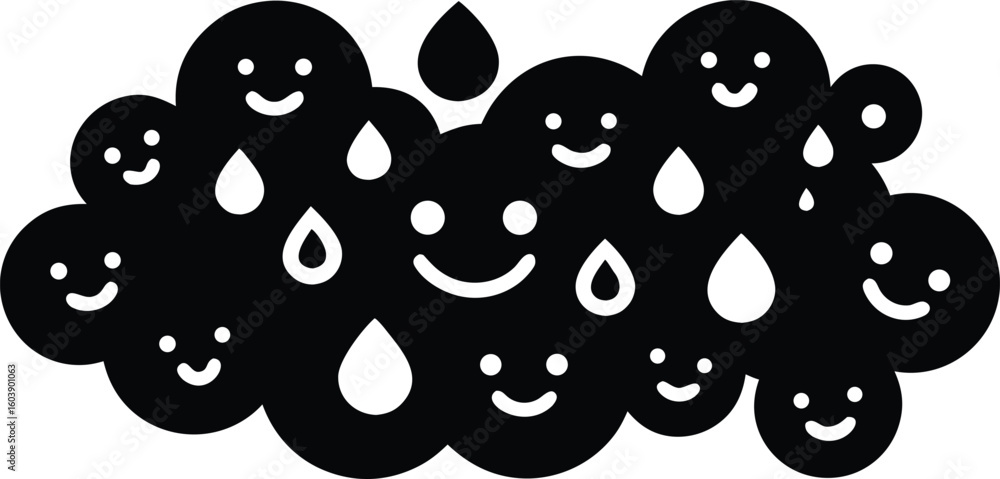 Poster vector art of dense cluster of happy smiling clouds with raindrops in a black and white graphic illu