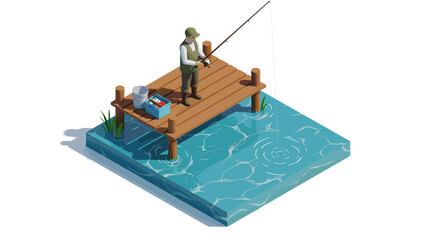 Obraz premium Isometric fishing scene with fisherman on wooden dock over calm water