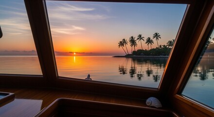 Fototapeta premium Sunset View from Boat Window with Palm Trees and Calm Water